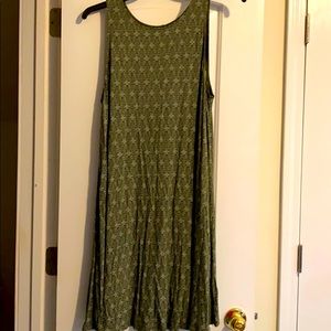 Olive green and white print sleeveless knit dress